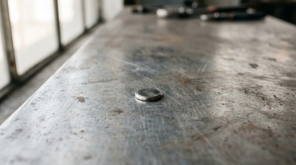 Pile au lithium posée sur une surface d'acier usée