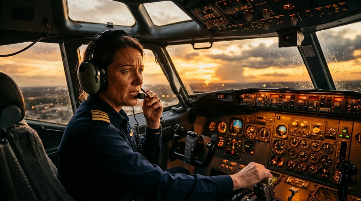 Pilote inquiet parlant à la radio dans un cockpit