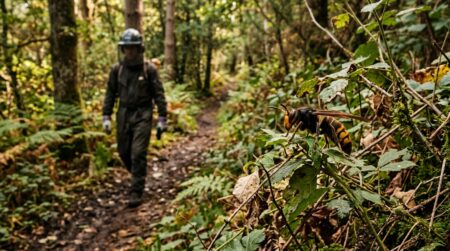 Frelon asiatique près d'un ouvrier forestier protégé