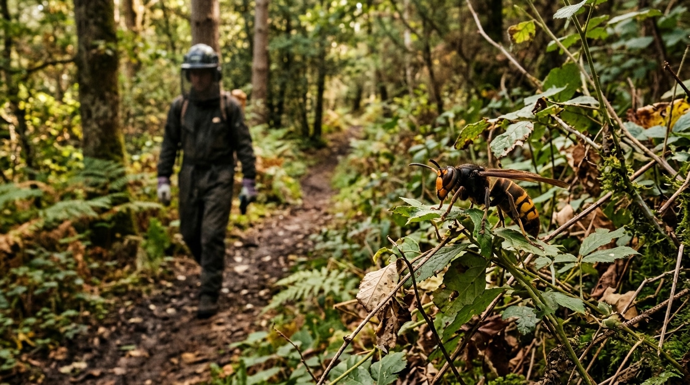 Frelon asiatique près d'un ouvrier forestier protégé