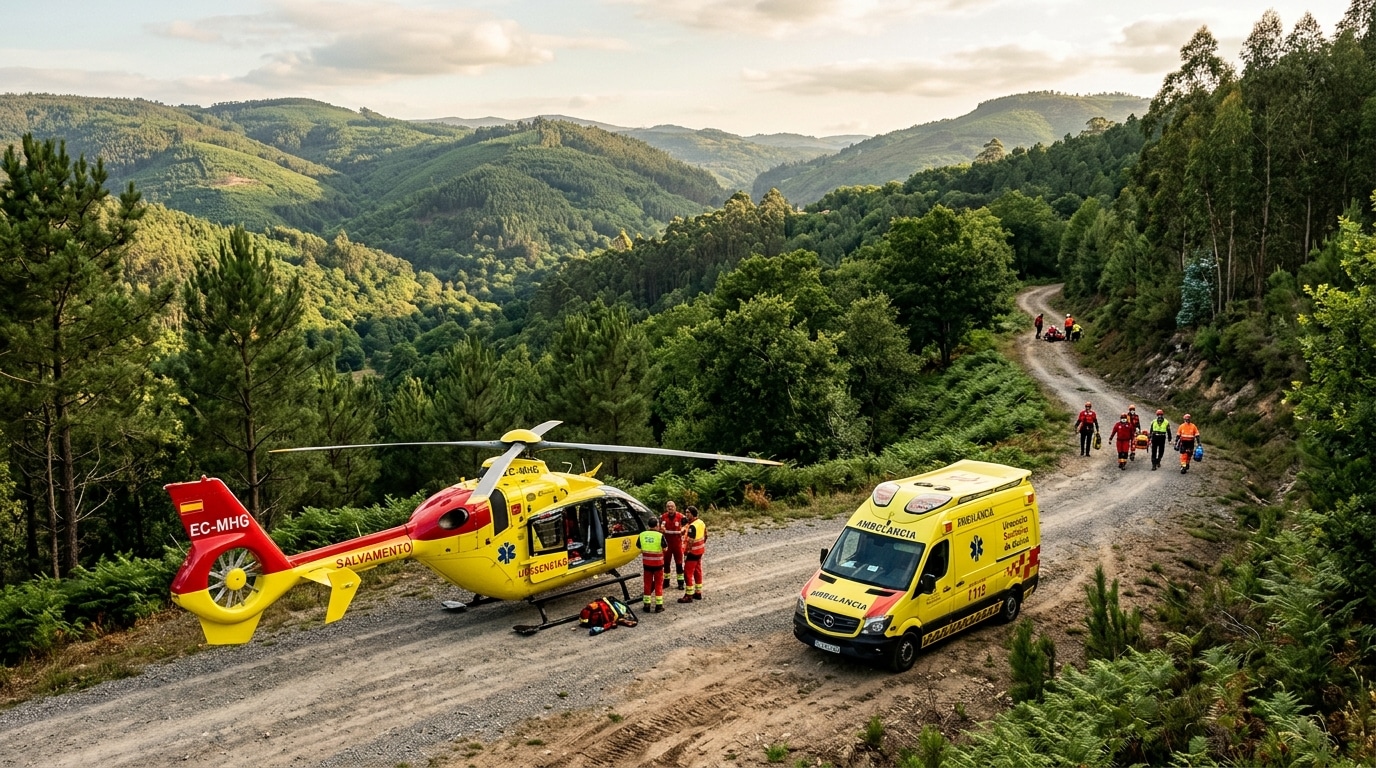 Hélicoptère de secours et ambulance sur piste forestière