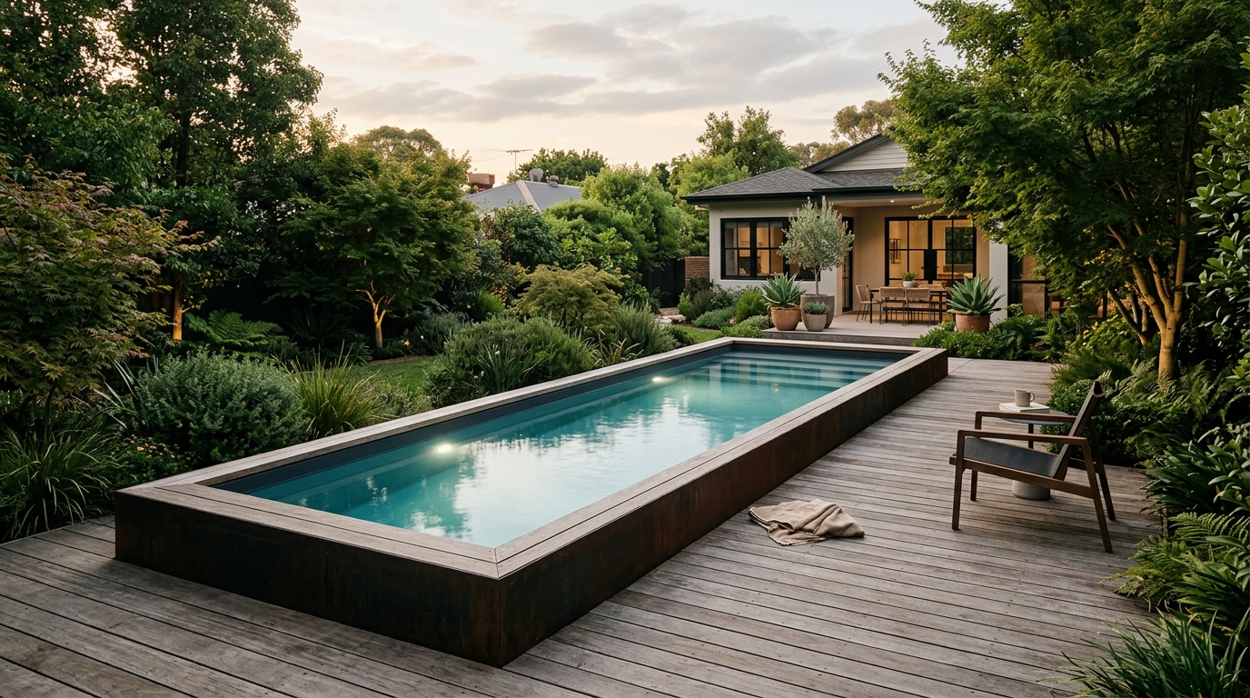 Piscine rectangulaire style conteneur sur terrasse en bois