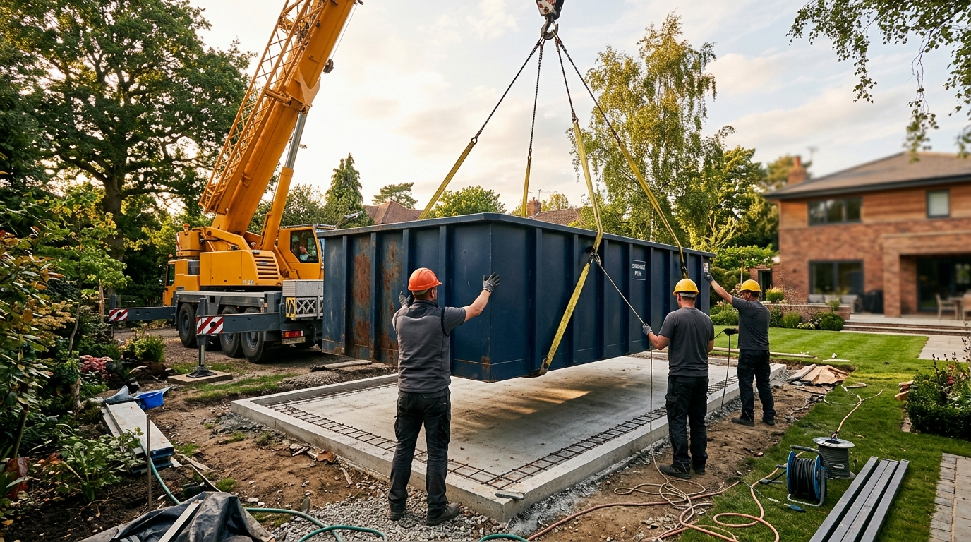 Camion-grue posant un bassin sur une dalle de jardin