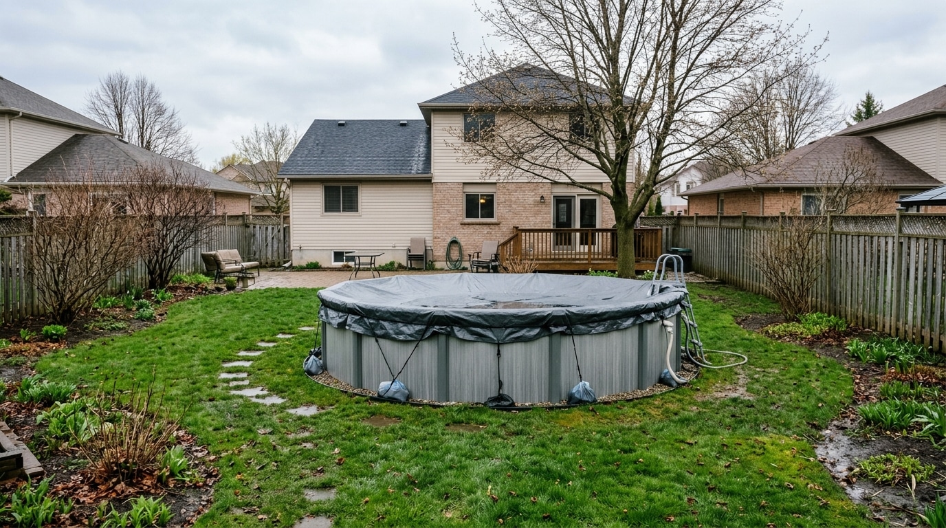 Piscine hors-sol couverte d'une bâche dans un jardin de lotissement
