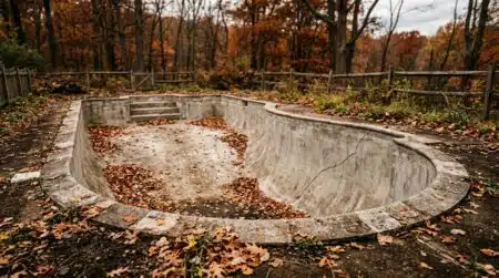 Piscine enterrée vide avec fissure sur la paroi