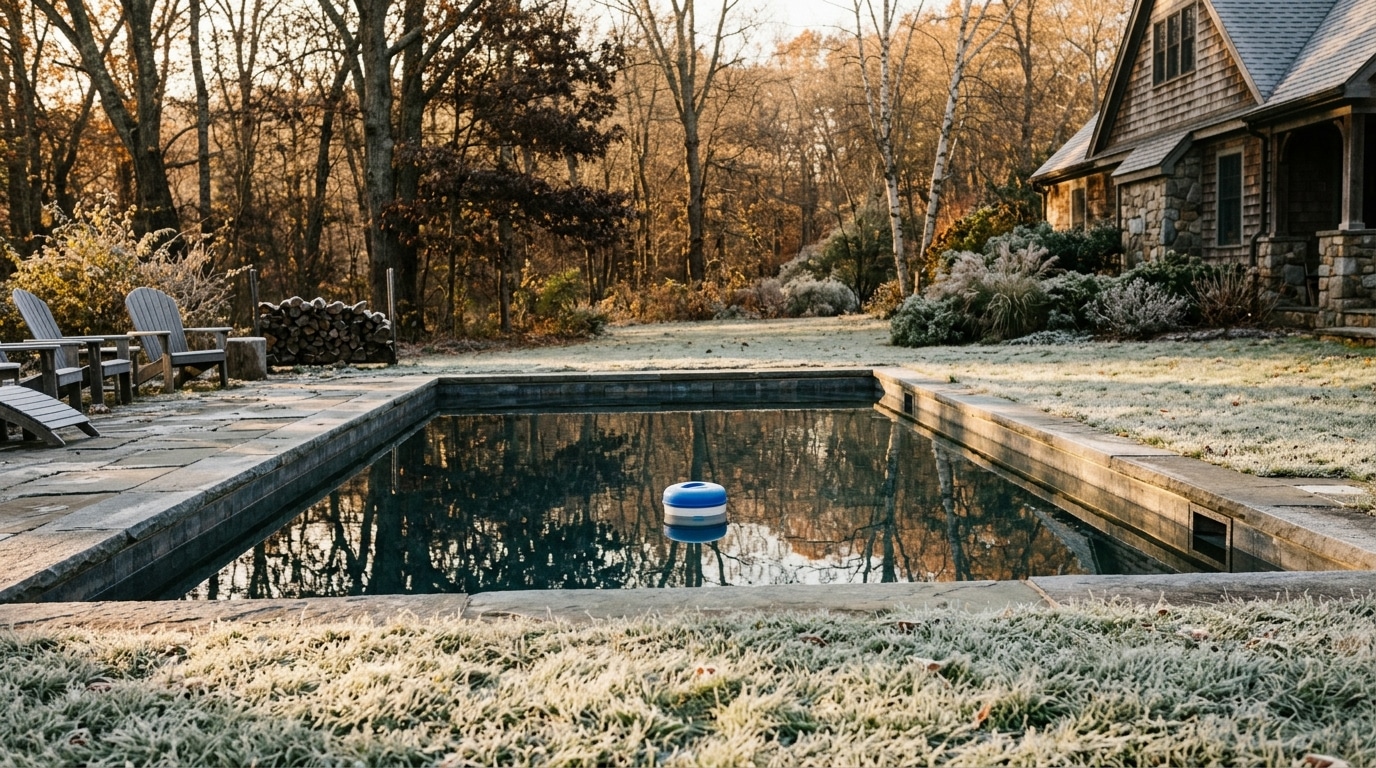 Flotteur d'hivernage sur l'eau d'une piscine givrée