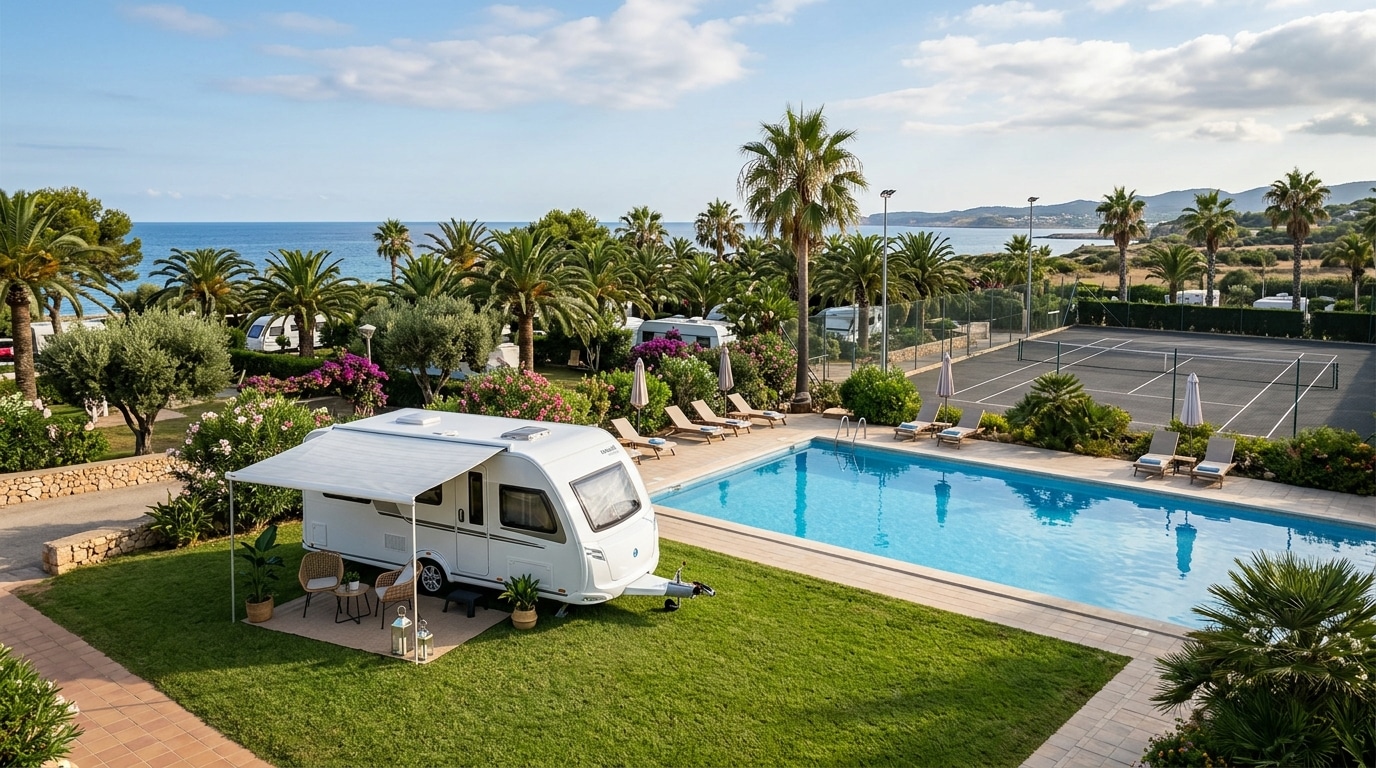 Caravane blanche près d'une piscine vide au soleil