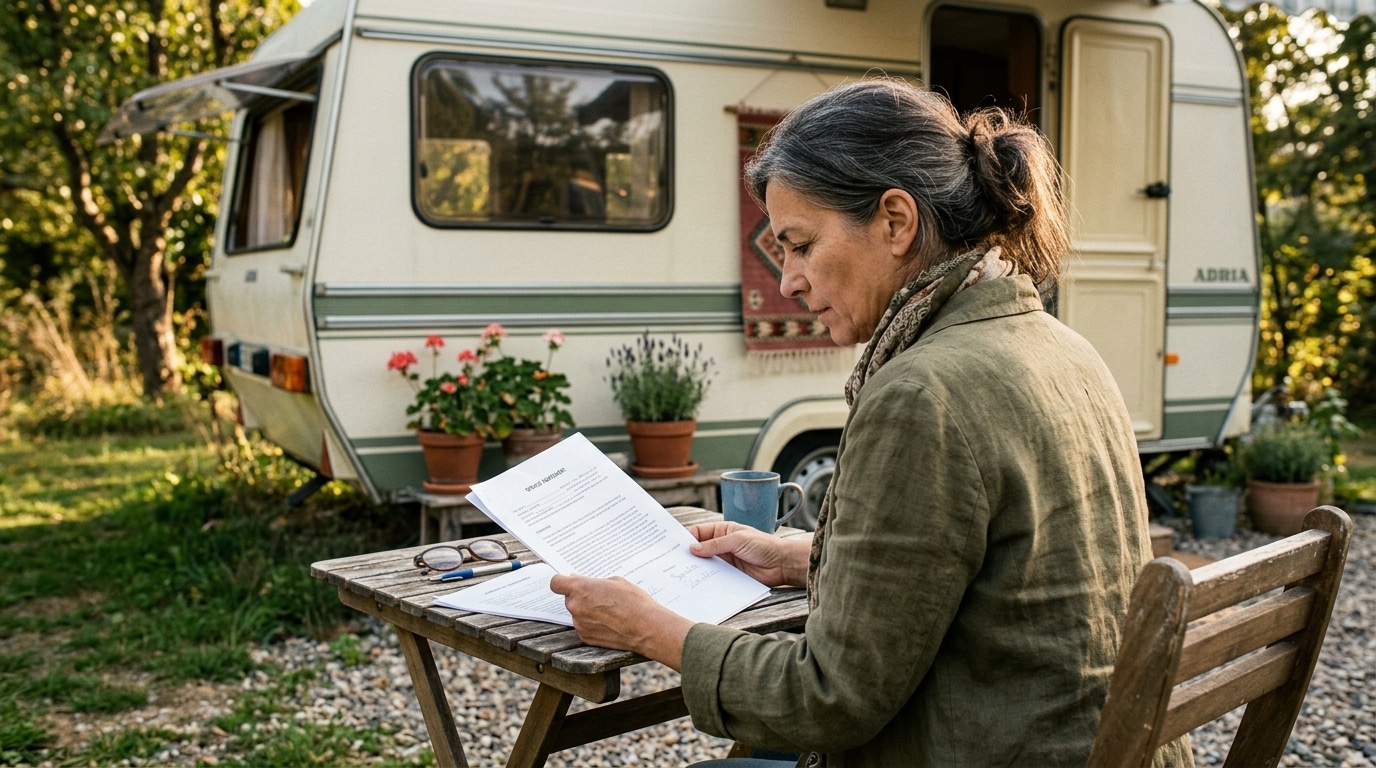 Femme pensive lisant un contrat devant sa caravane