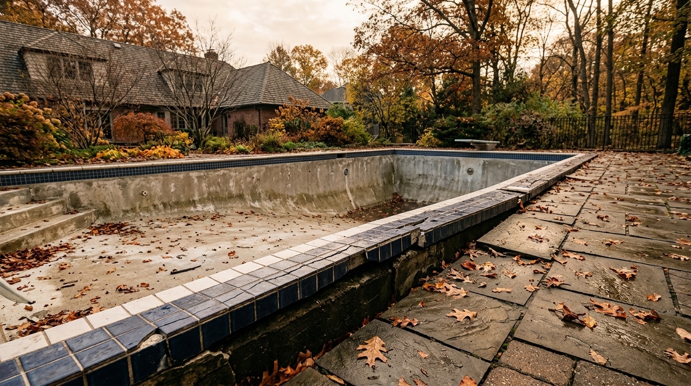 Piscine vide dont la margelle dépasse du niveau de la terrasse