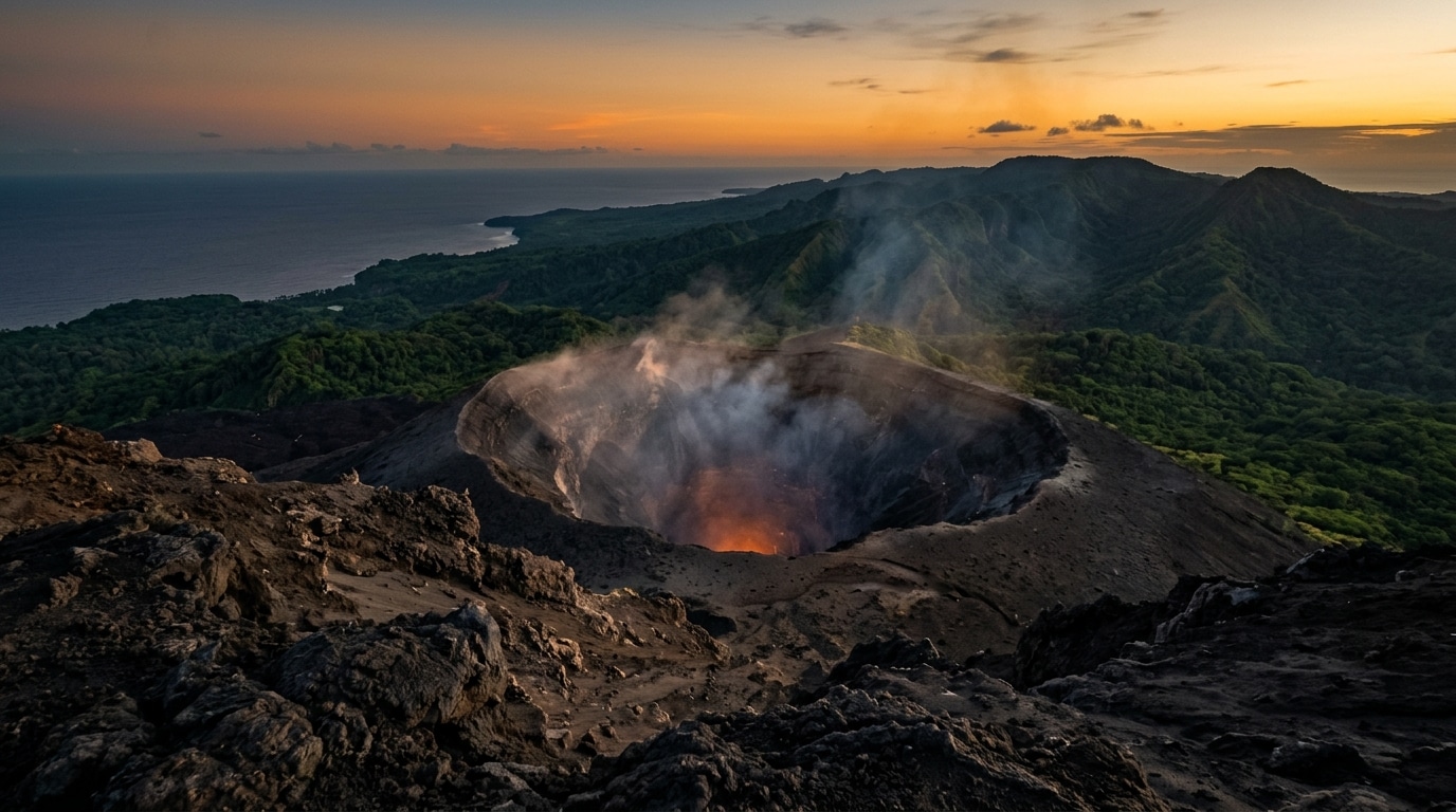 Cratère de volcan fumant au crépuscule sur une île tropicale