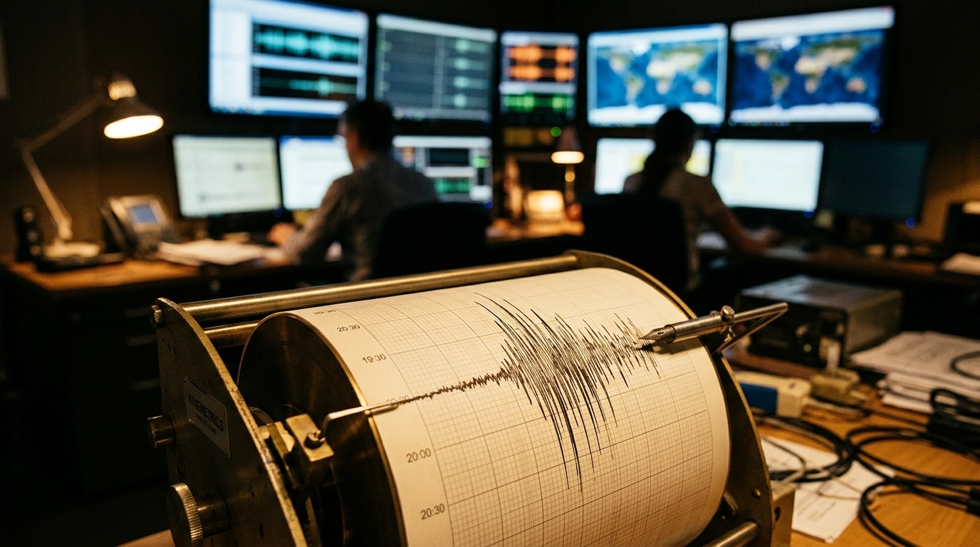 Tracé de sismographe dans une salle de surveillance volcanique