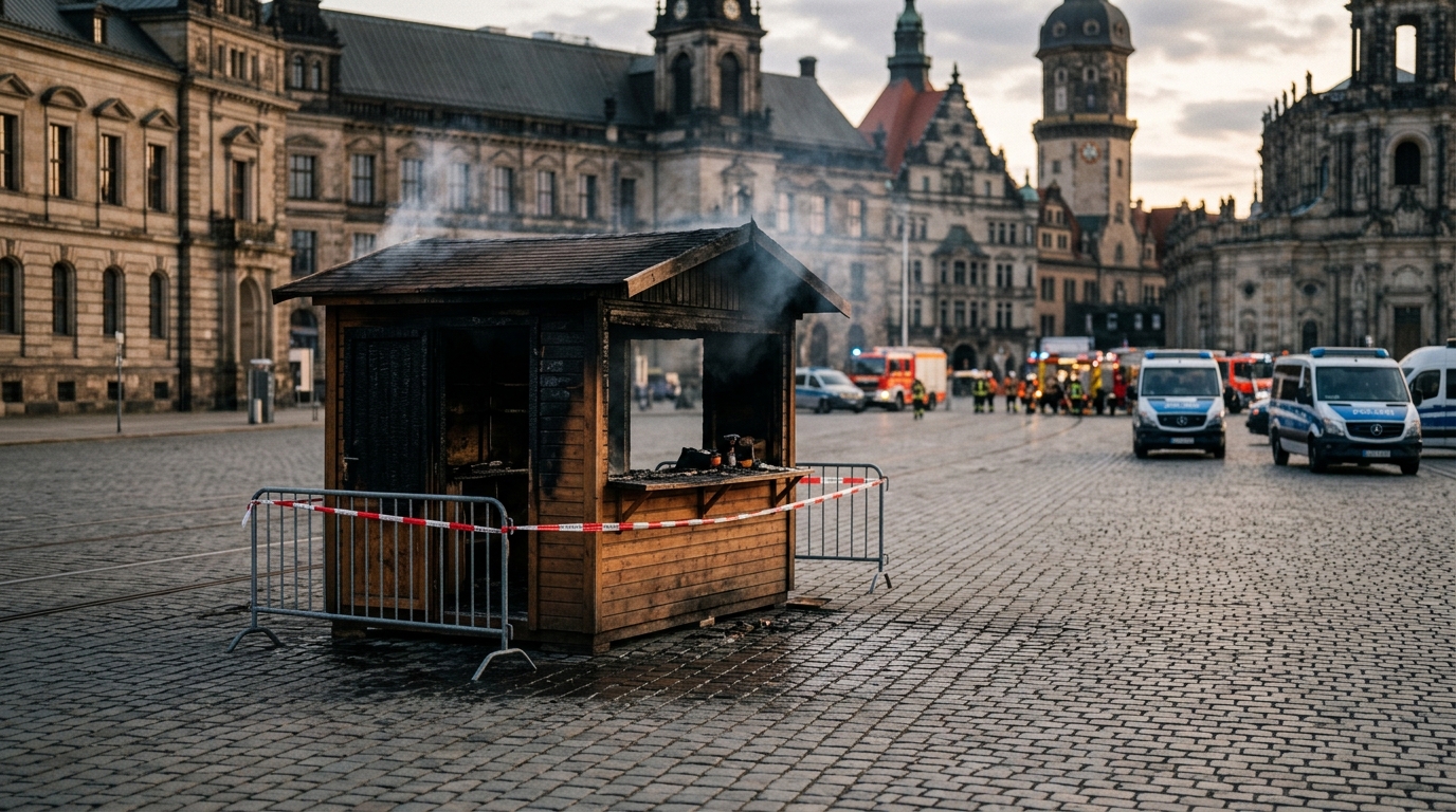 Kiosque noirci par un incendie sur une grande place