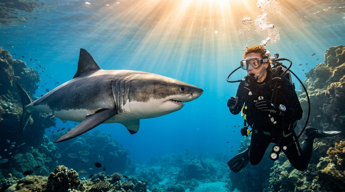 Plongeur face à un grand requin blanc en Méditerranée