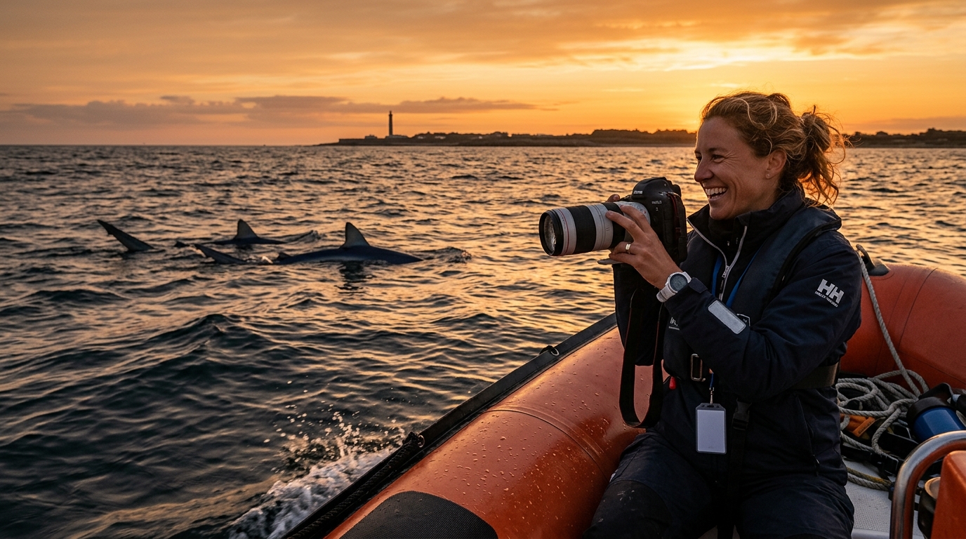 Biologiste marin photographiant des requins près de l'île de Ré