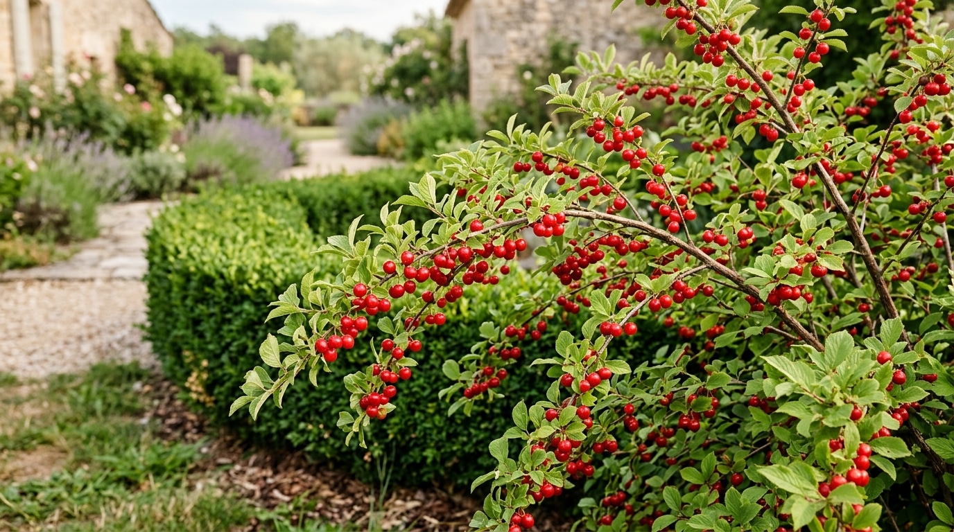 Cerisier de Nankin chargé de petites cerises vermillon