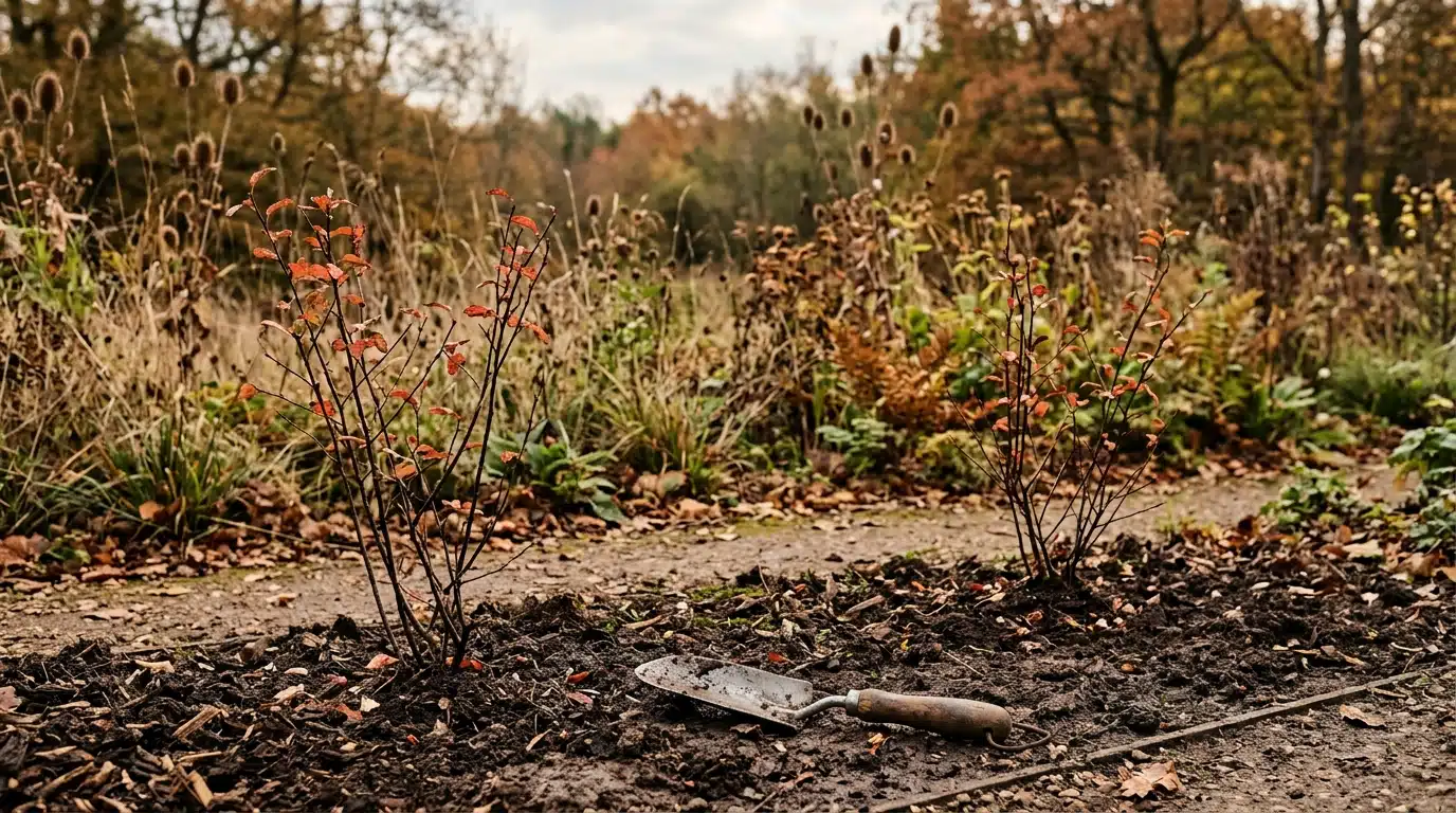 Deux jeunes arbustes plantés côte à côte en automne