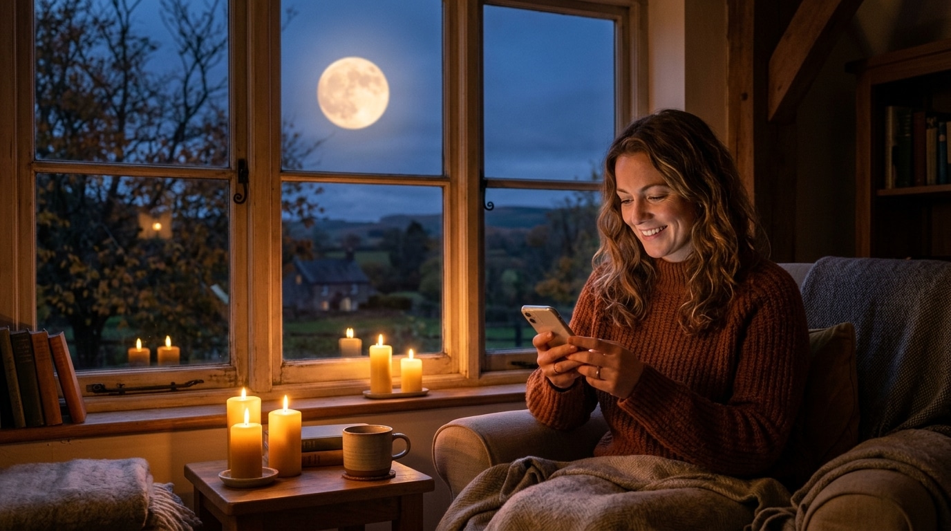 Femme souriante lisant un message sous la Pleine Lune