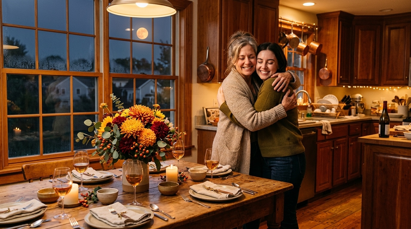 Deux femmes qui se réconcilient dans une cuisine en automne