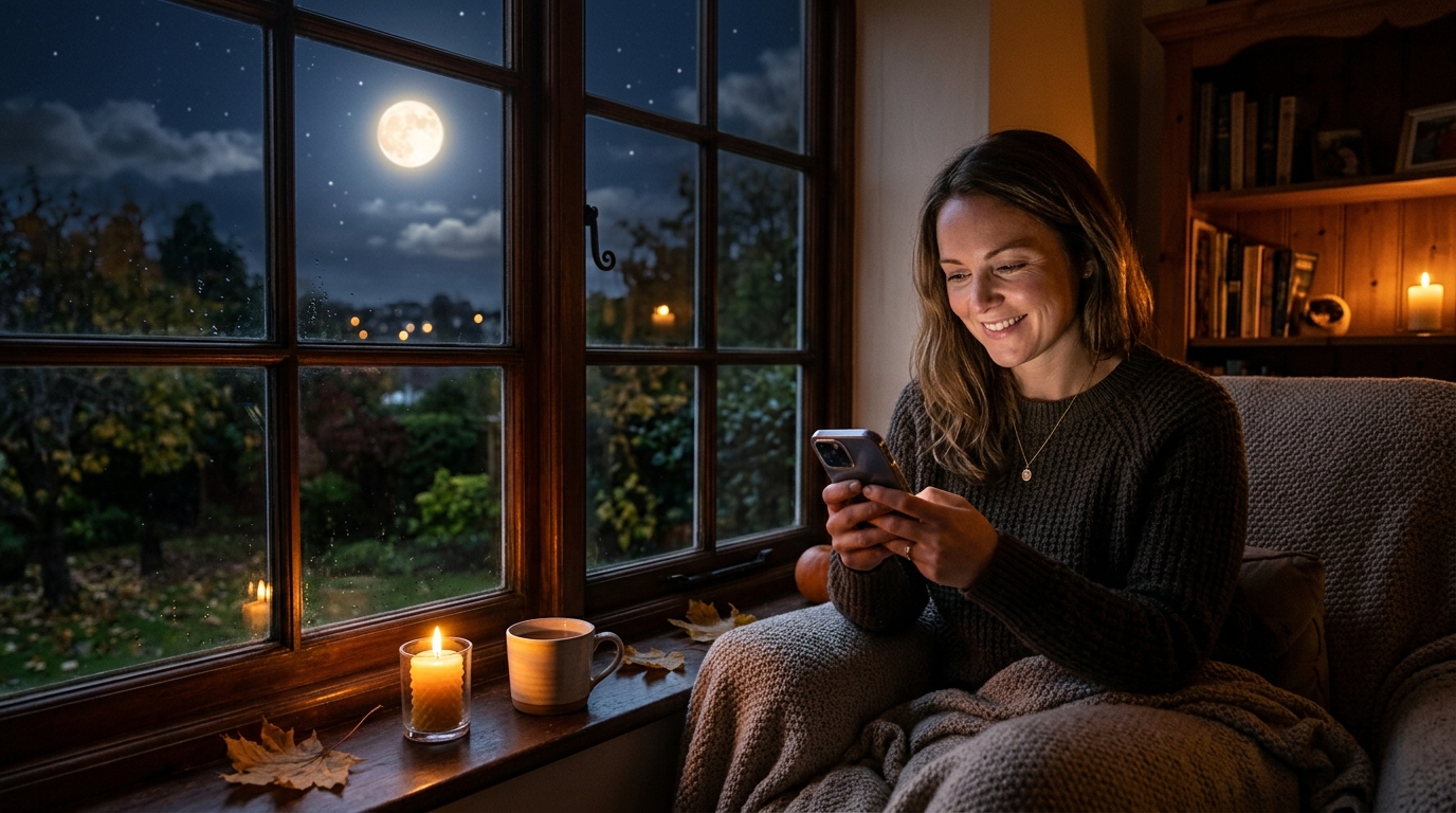 Femme souriante devant son téléphone sous la pleine lune