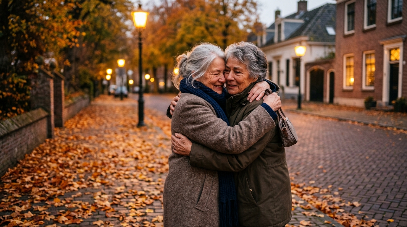 Deux amis se retrouvent dans une rue d'automne