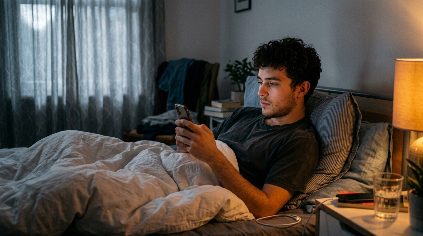 Homme éveillé la nuit regardant son téléphone sous la lune