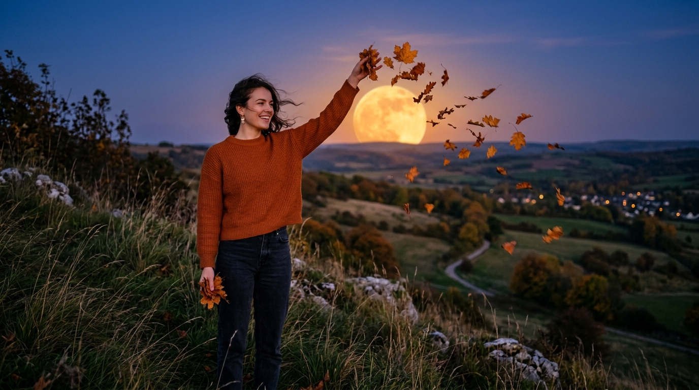 Jeune femme laissant s'envoler des feuilles devant la pleine lune