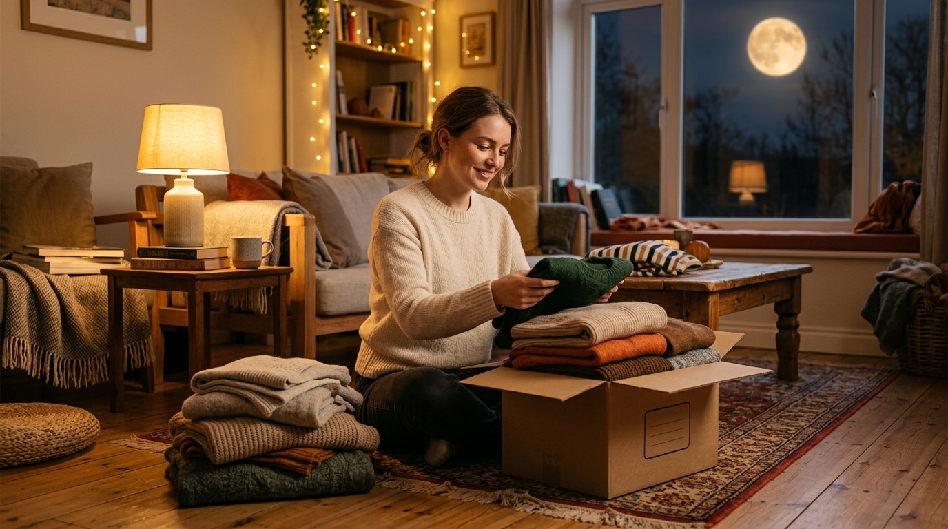 Femme triant des pulls dans un salon cocooning