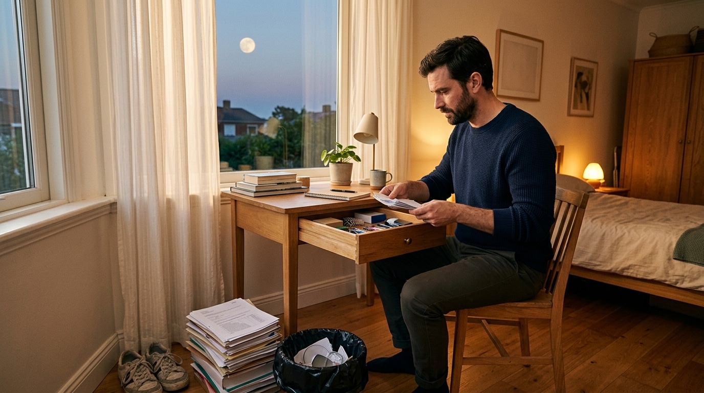 Homme rangeant un tiroir de bureau sous la lumière dorée