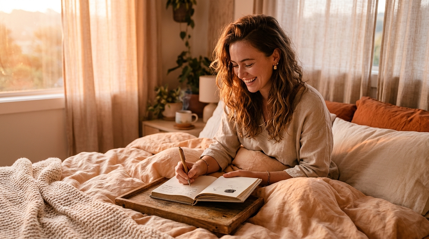 Femme qui note ses rêves au réveil dans un carnet