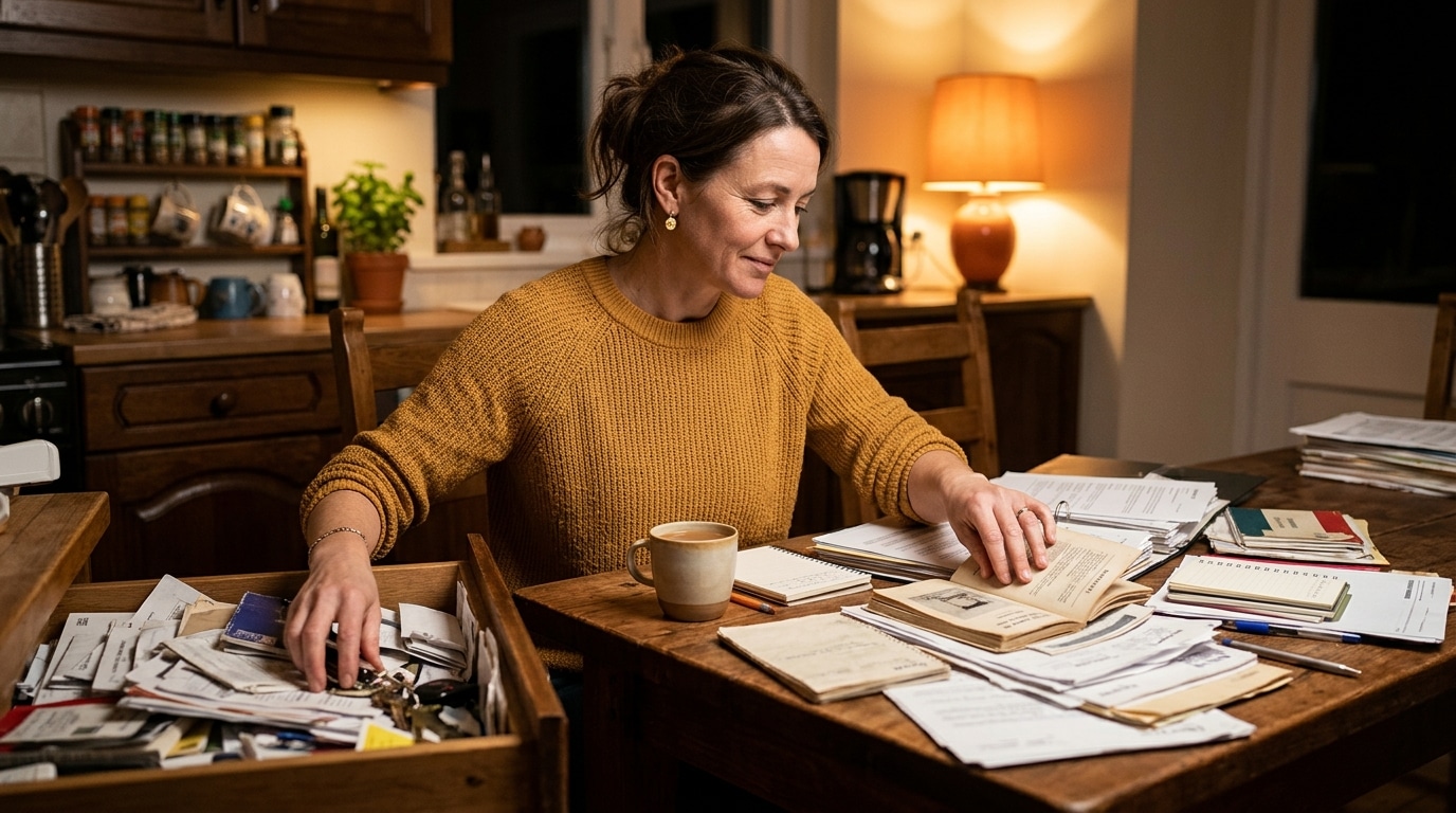 Femme triant des papiers dans un tiroir de cuisine