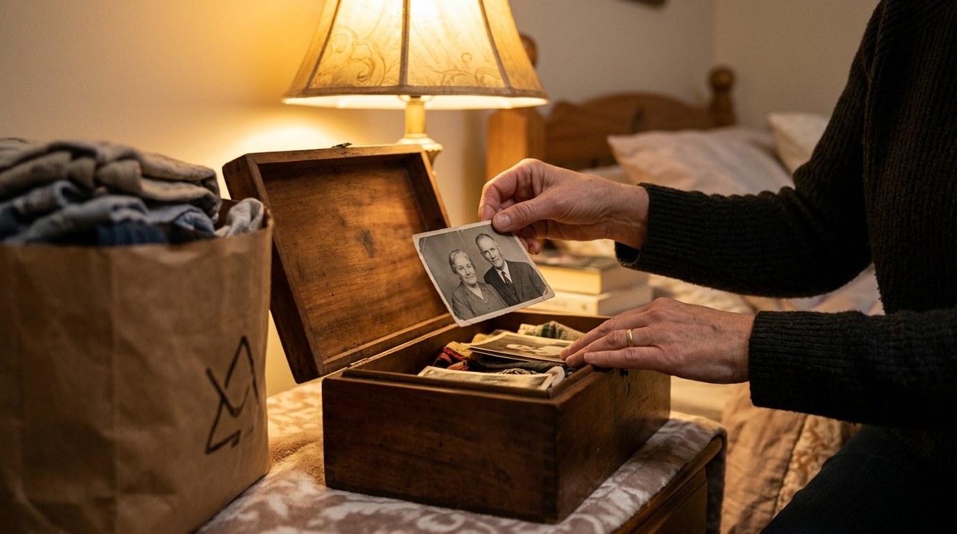 Mains rangeant une photo dans une boîte à souvenirs
