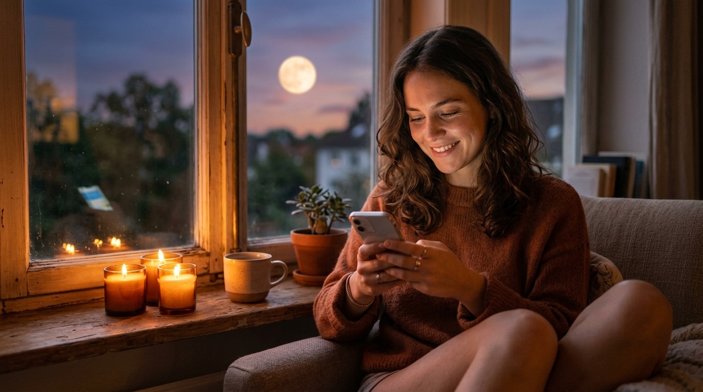 Femme souriante lisant un message sous la Pleine Lune