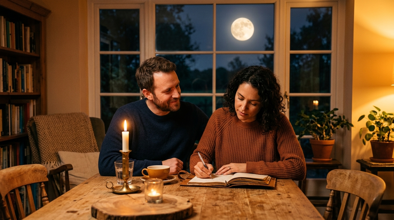 Couple complice en soirée aux chandelles sous la lune