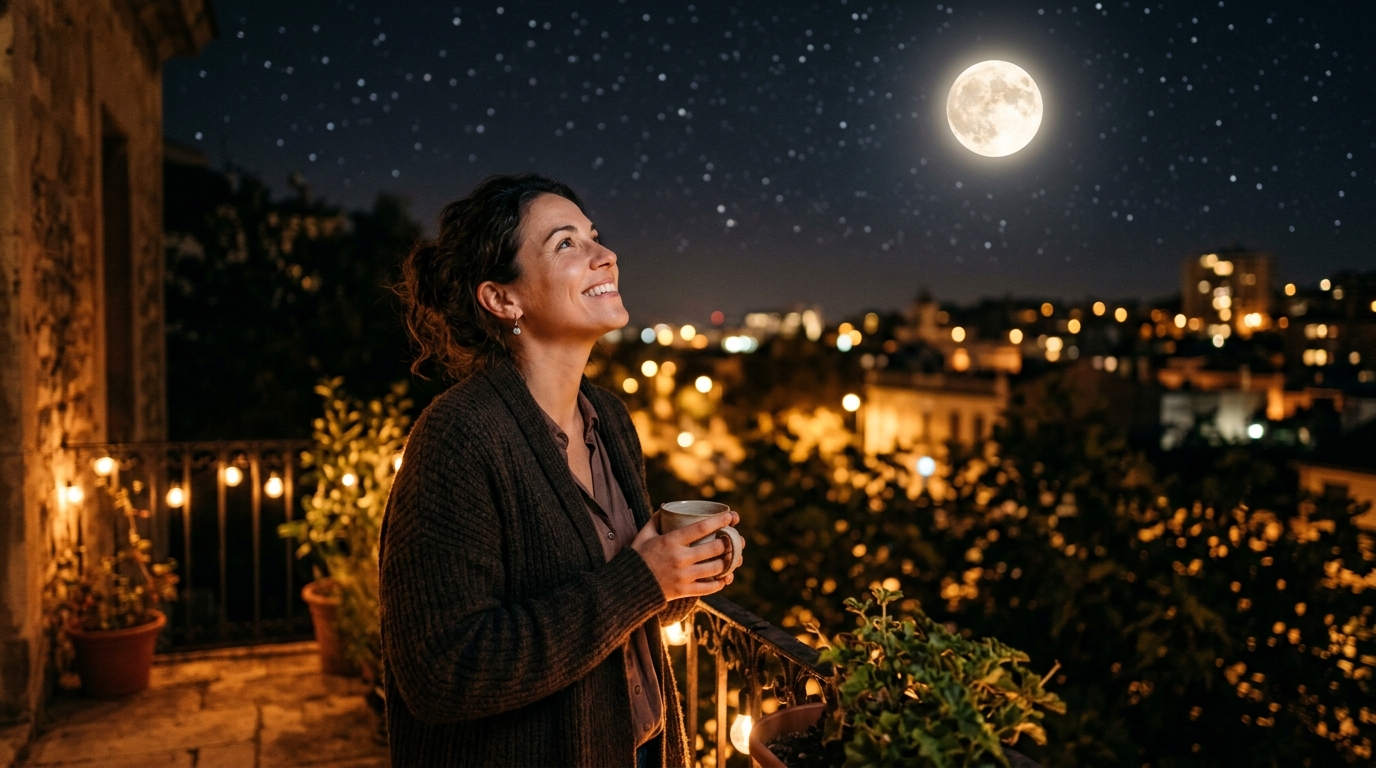 Femme heureuse regardant la Pleine Lune depuis son balcon