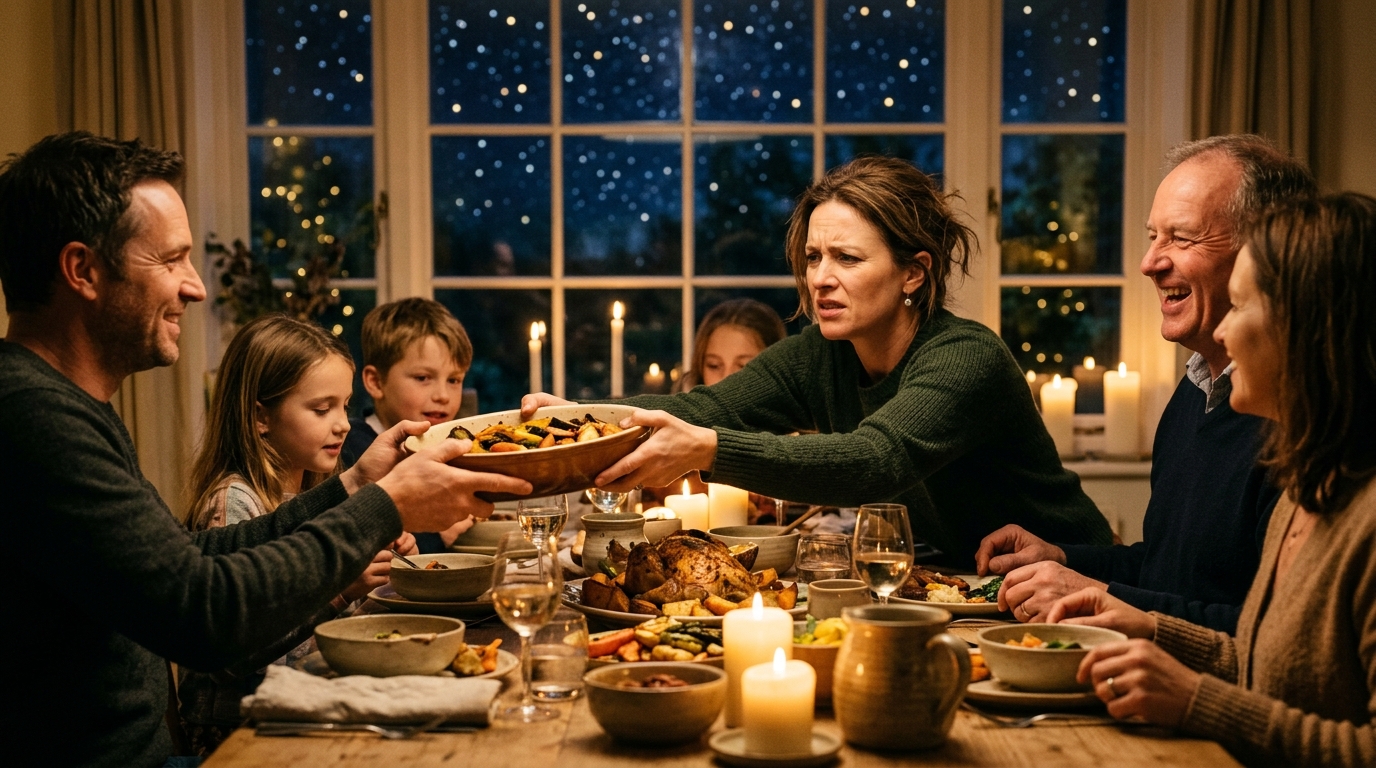 Dîner de famille tendu à la lueur des bougies