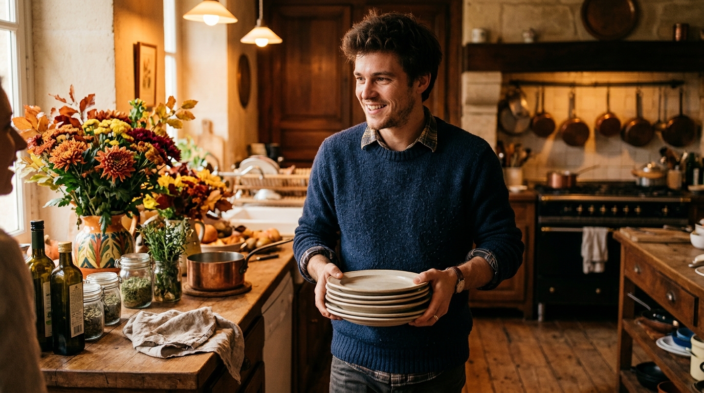 Homme apaisé qui aide en cuisine avant le repas
