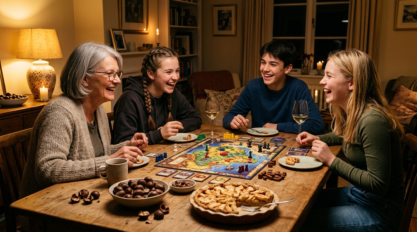 Famille qui rit autour d'un jeu de société