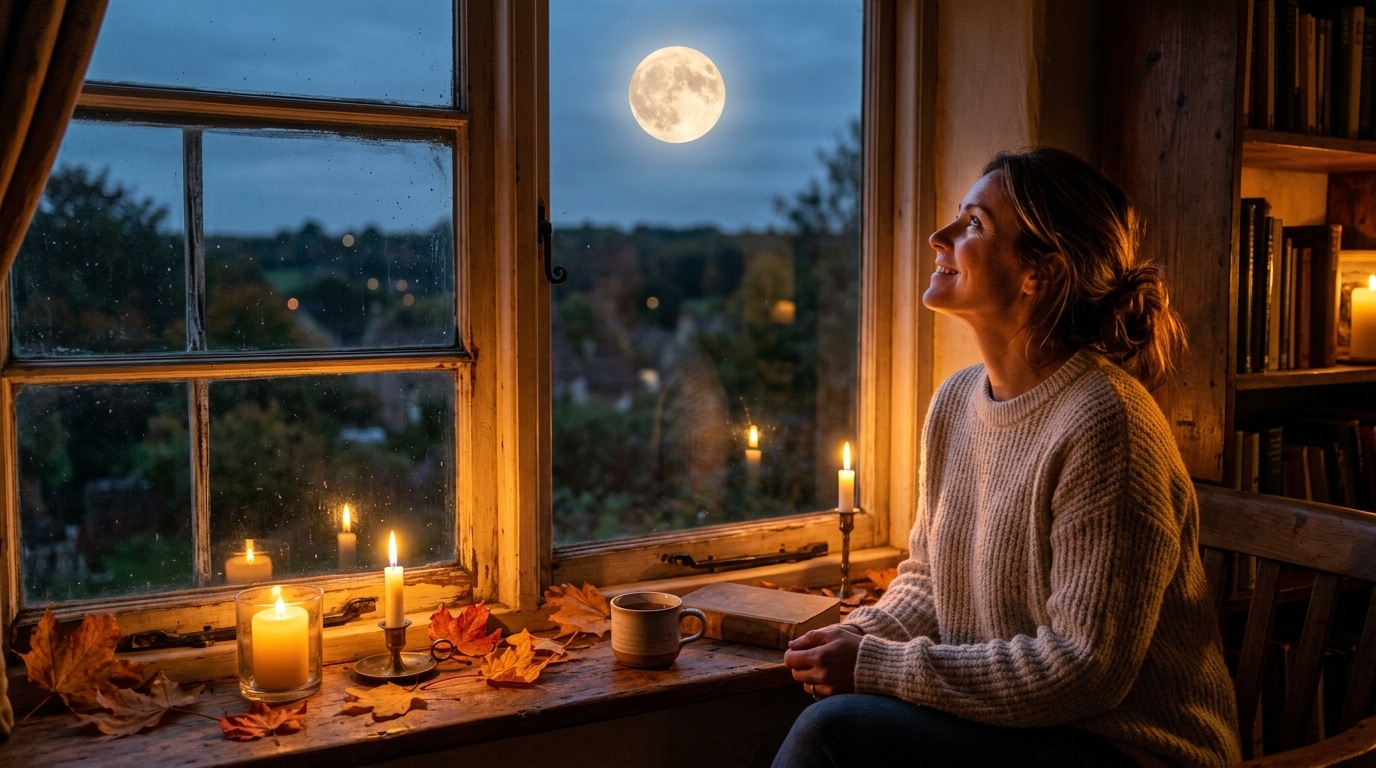 Femme contemplant la pleine lune depuis sa fenêtre à la tombée du soir