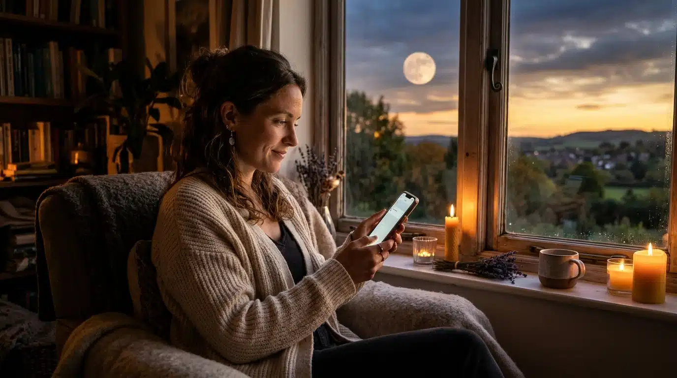 Femme hésitante tenant son téléphone sous la pleine lune