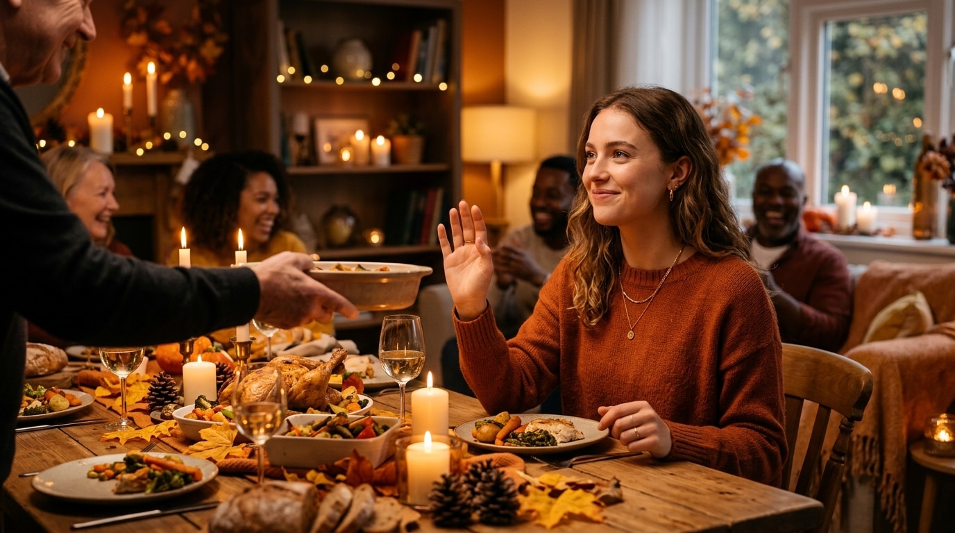Femme déclinant poliment un plat lors d'un repas de famille
