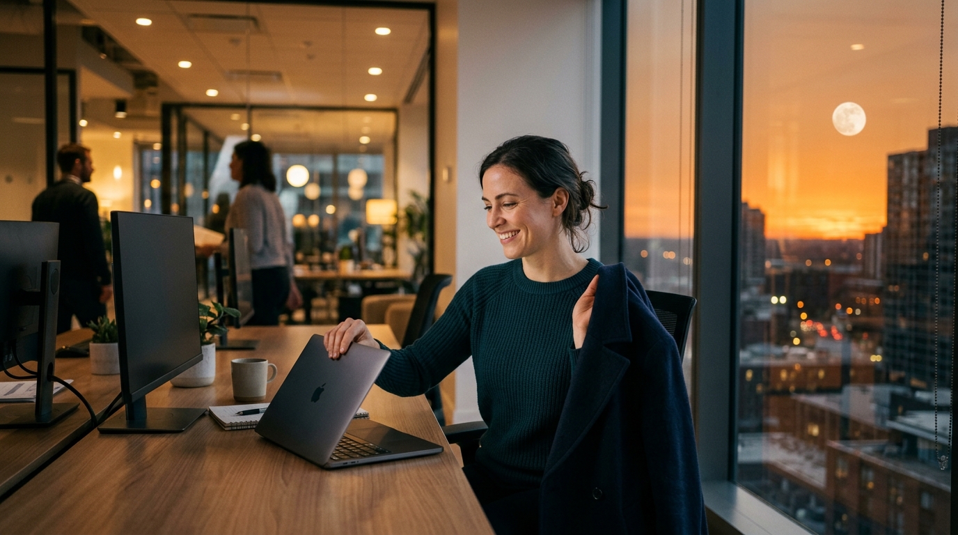 Femme fermant son ordinateur au bureau sous la pleine lune