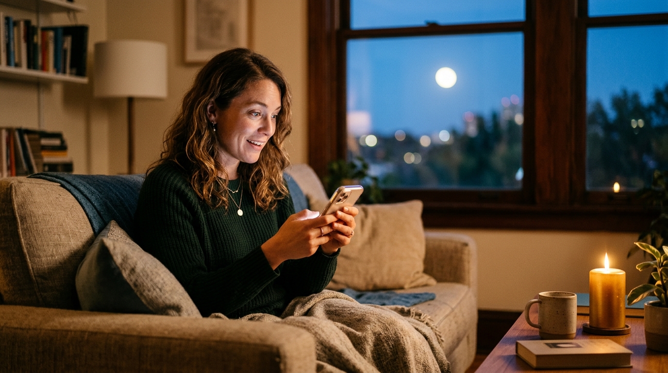 Femme surprise par un message sous la Pleine Lune
