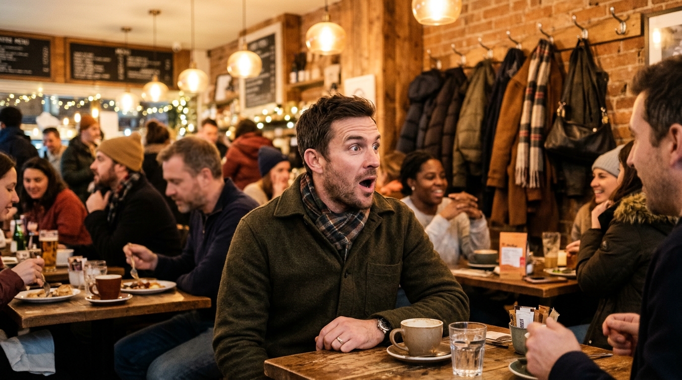 Homme croisant un visage familier dans un café