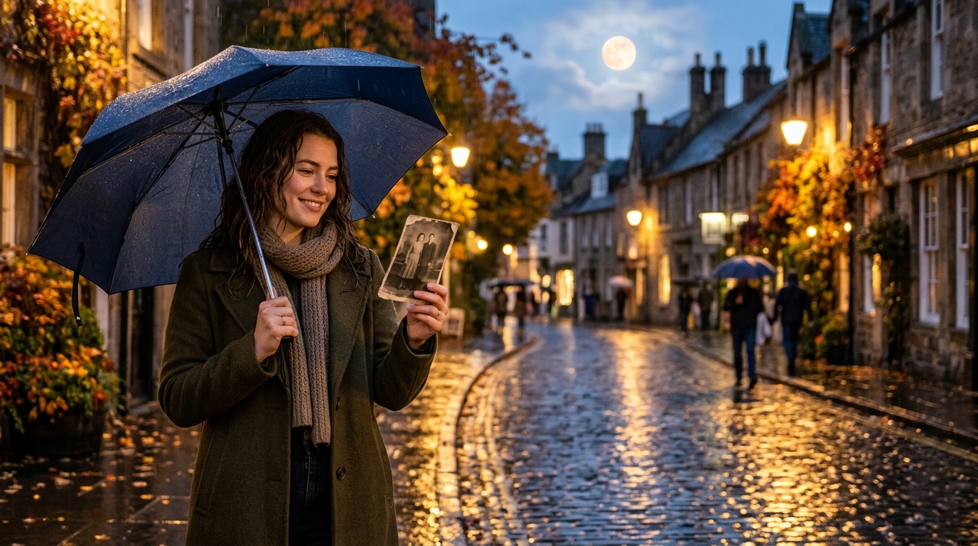 Jeune femme nostalgique avec une vieille photo sous la Lune