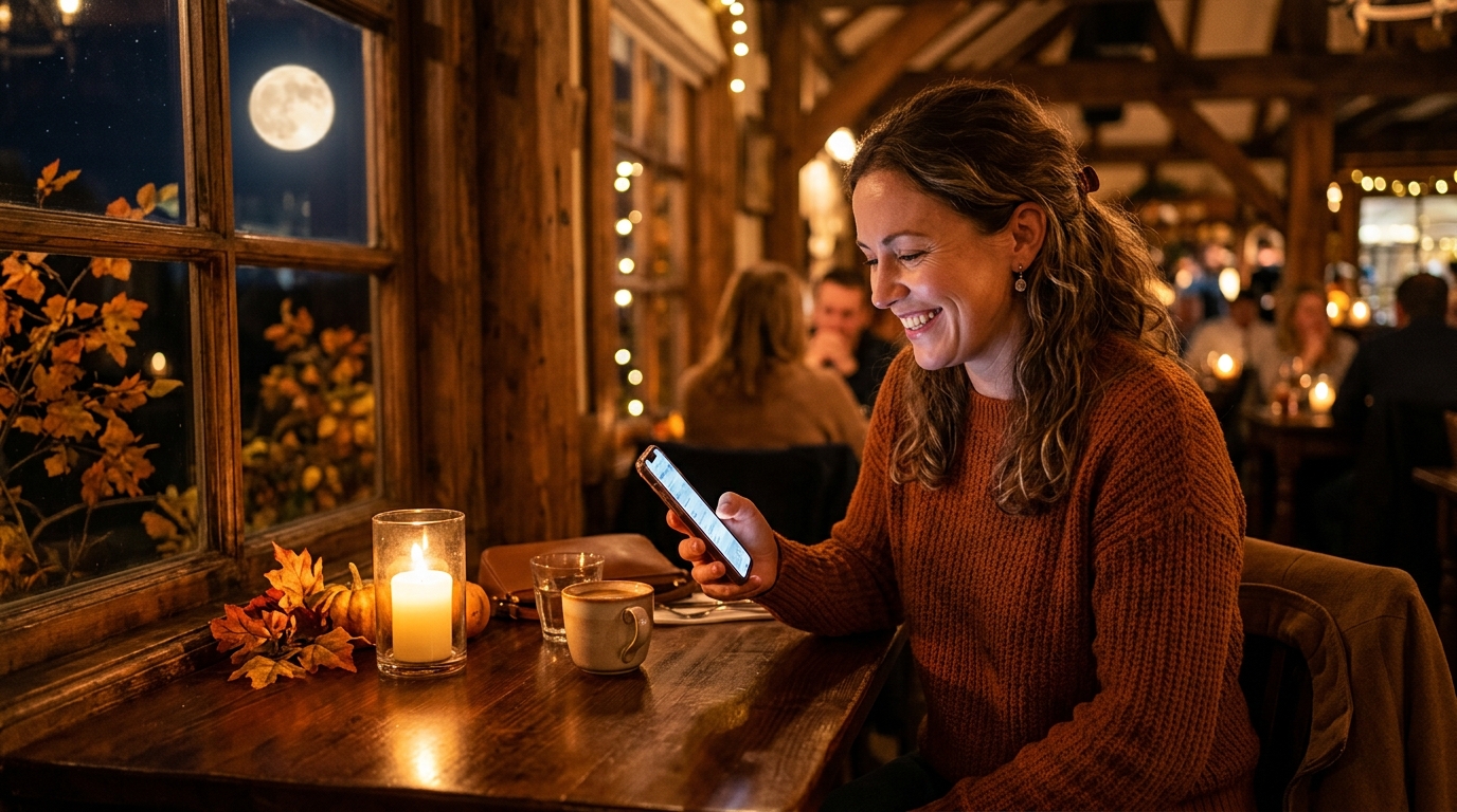 Femme souriante consultant son téléphone sous la Pleine Lune