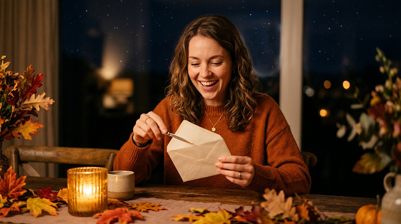 Femme ouvrant une enveloppe avec une surprise heureuse