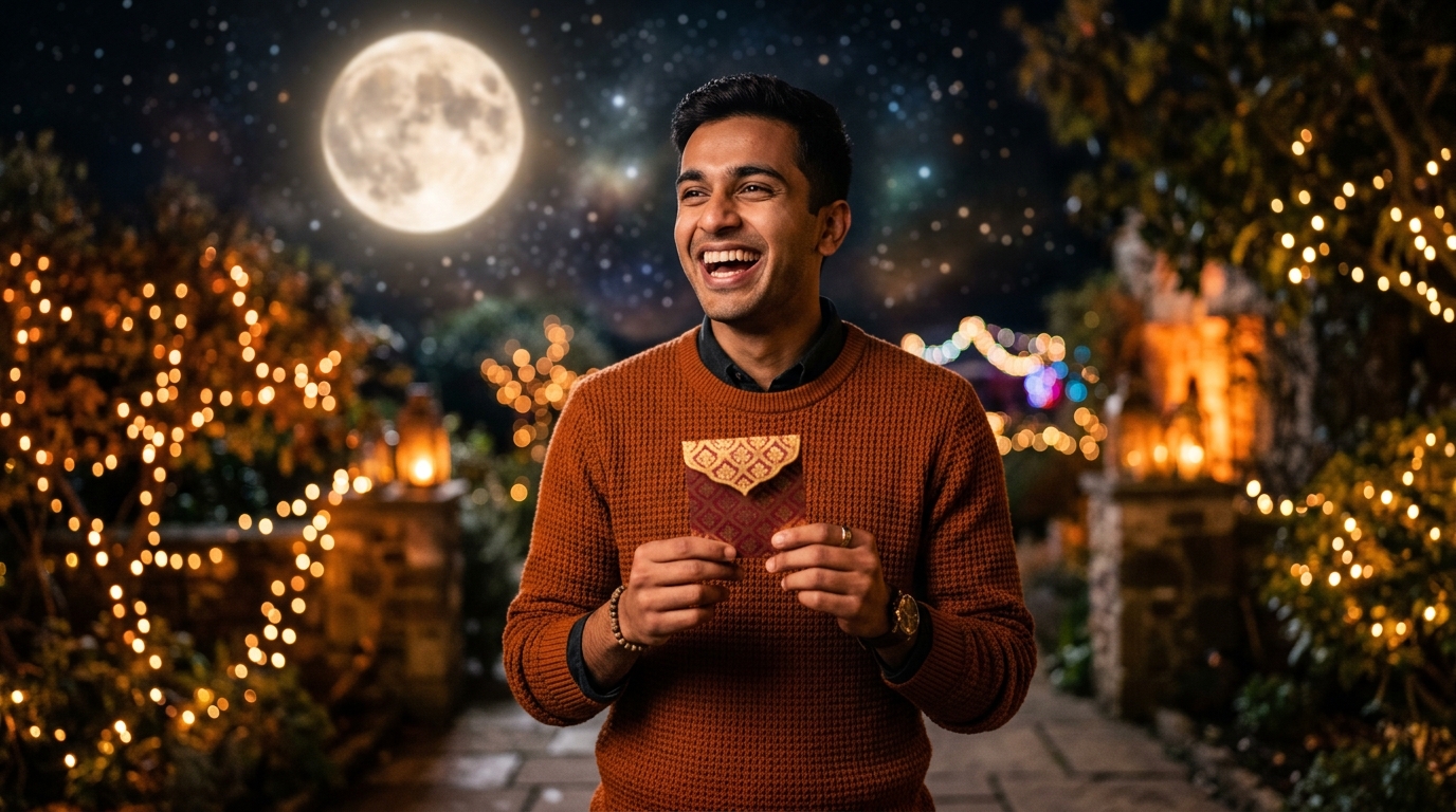 Homme joyeux tenant une enveloppe cadeau sous la lune