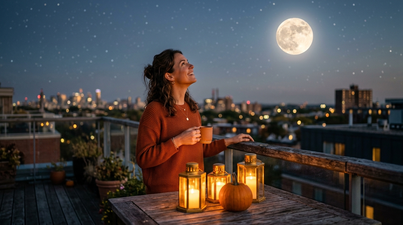 Femme contemplant la Pleine Lune depuis une terrasse à la tombée de la nuit