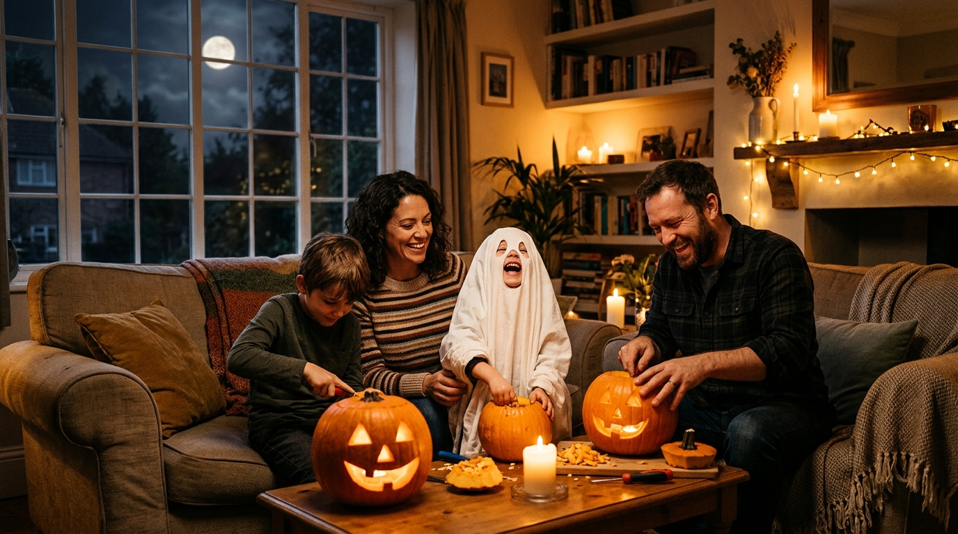 Famille sculptant des citrouilles pour Halloween à la lueur des bougies