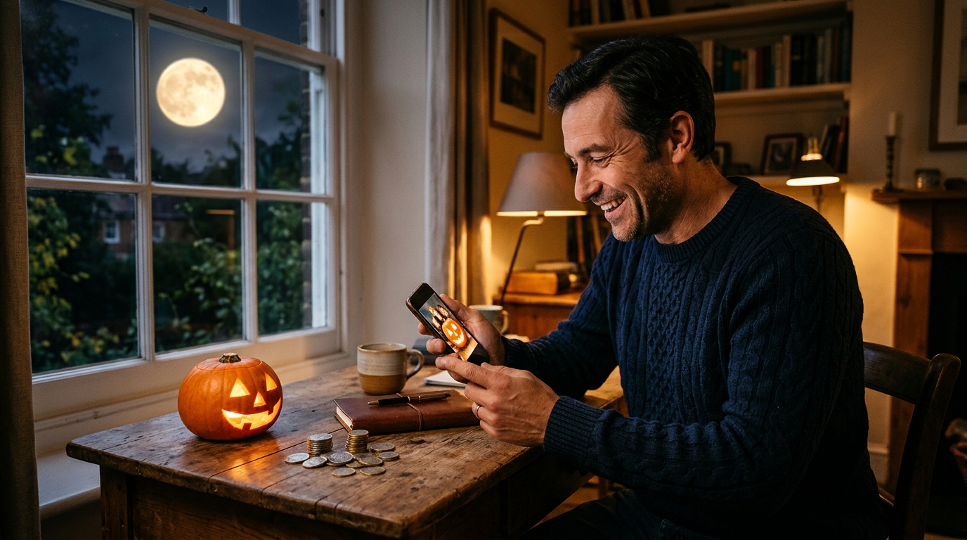 Homme surpris par une bonne nouvelle financière sous la lumière de la Lune